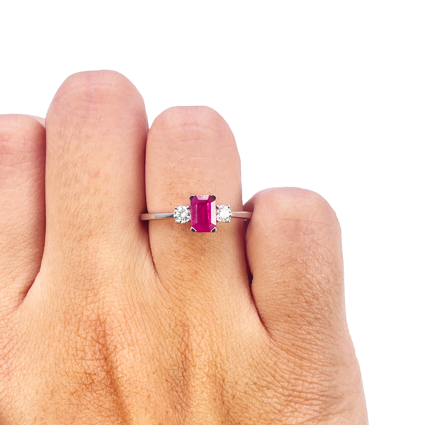 18kt Goud Robijn Diamant Ring Natuurlijke Ronde & Smaragd Geslepen Drie-Stenen 0,75ct