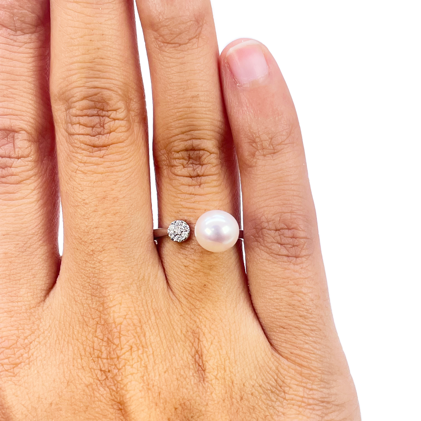18kt Goud Zoetwaterparel Diamant Ring Natuurlijke Ronde 0,05ct