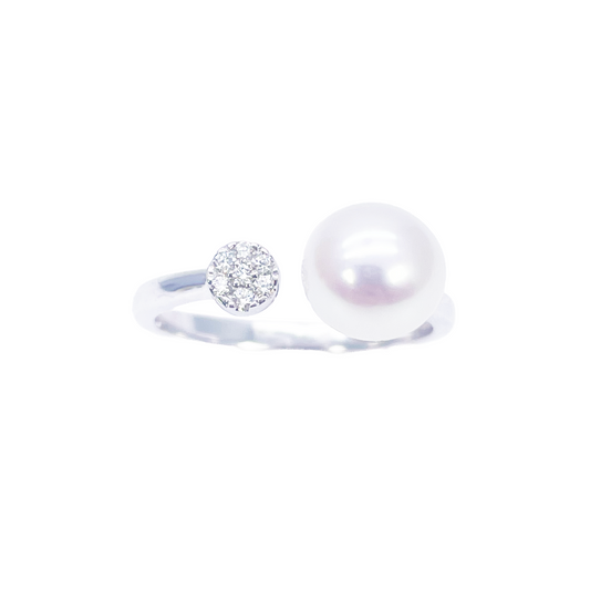 18kt Goud Zoetwaterparel Diamant Ring Natuurlijke Ronde 0,05ct