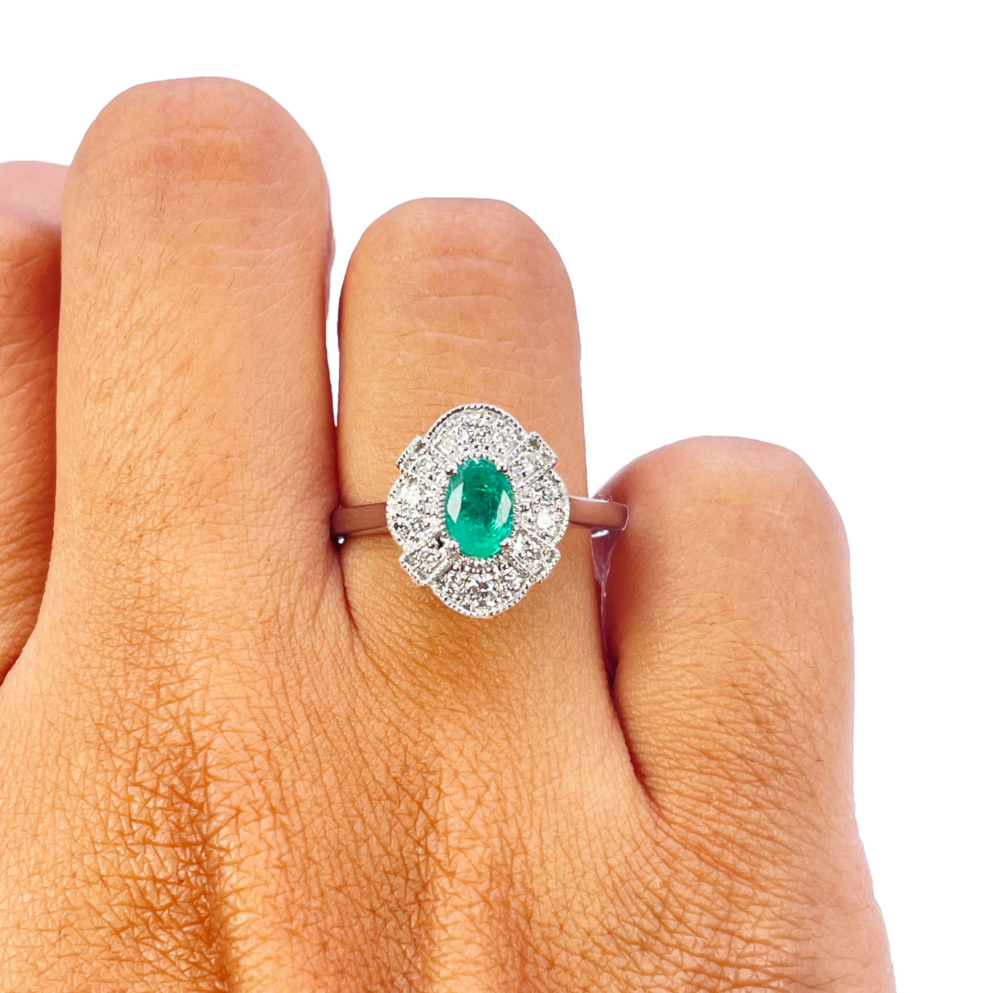 18kt Goud Natuurlijke Smaragd Diamant Halo Ring Rond & Ovaal Geslepen 0,65ct