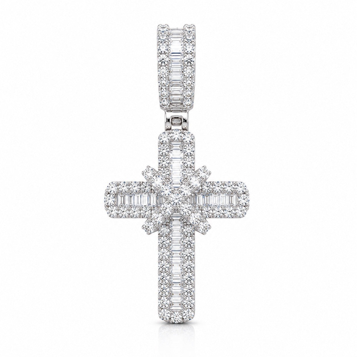 14ct White Gold Natural Diamond Baguette Round Cluster Cross Pendant 0.63ct
