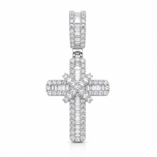 14ct White Gold Natural Diamond Baguette Round Cluster Cross Pendant 0.63ct