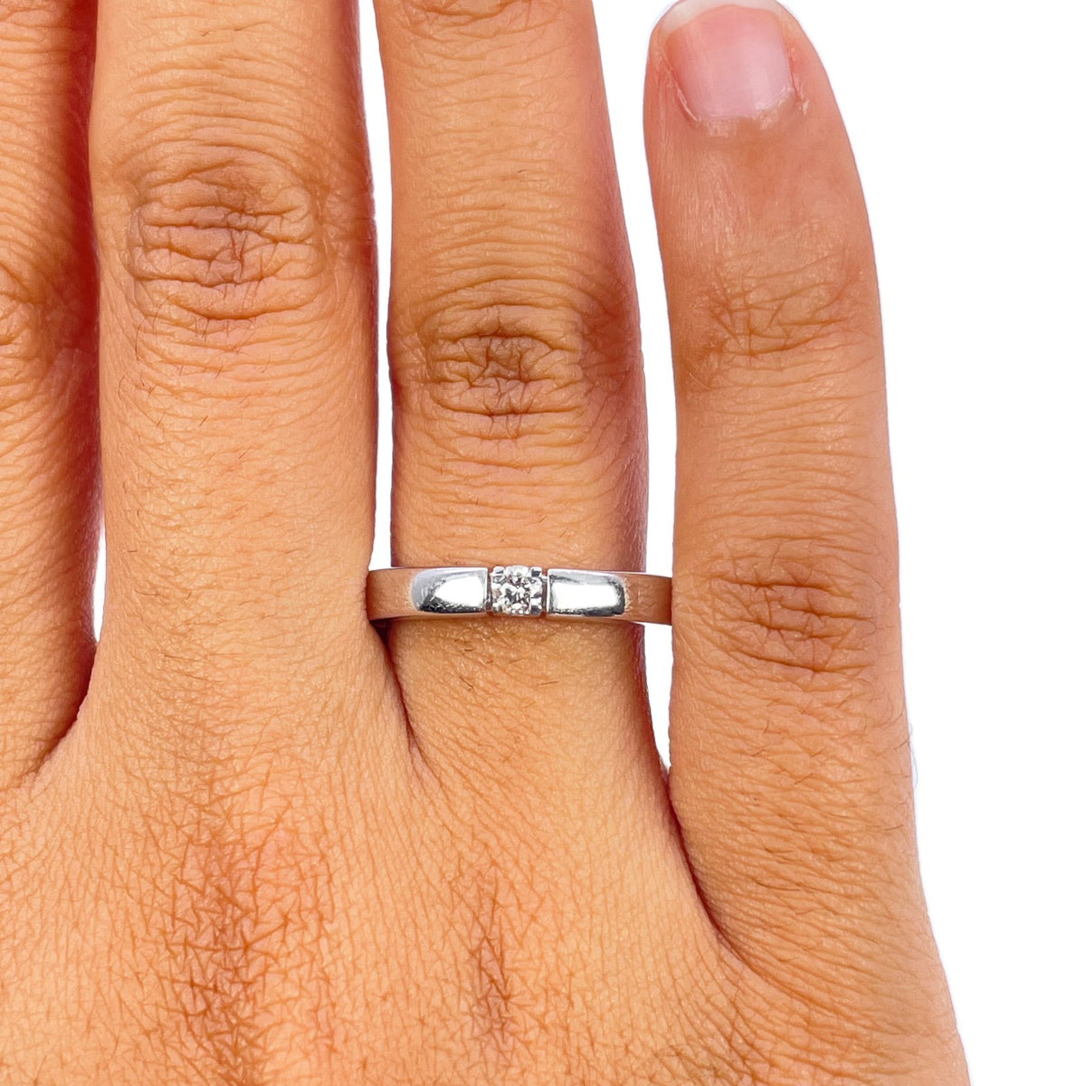 14ct White Gold Tension Style Diamond Solitaire Ring Modern Wedding Band 0.12ct