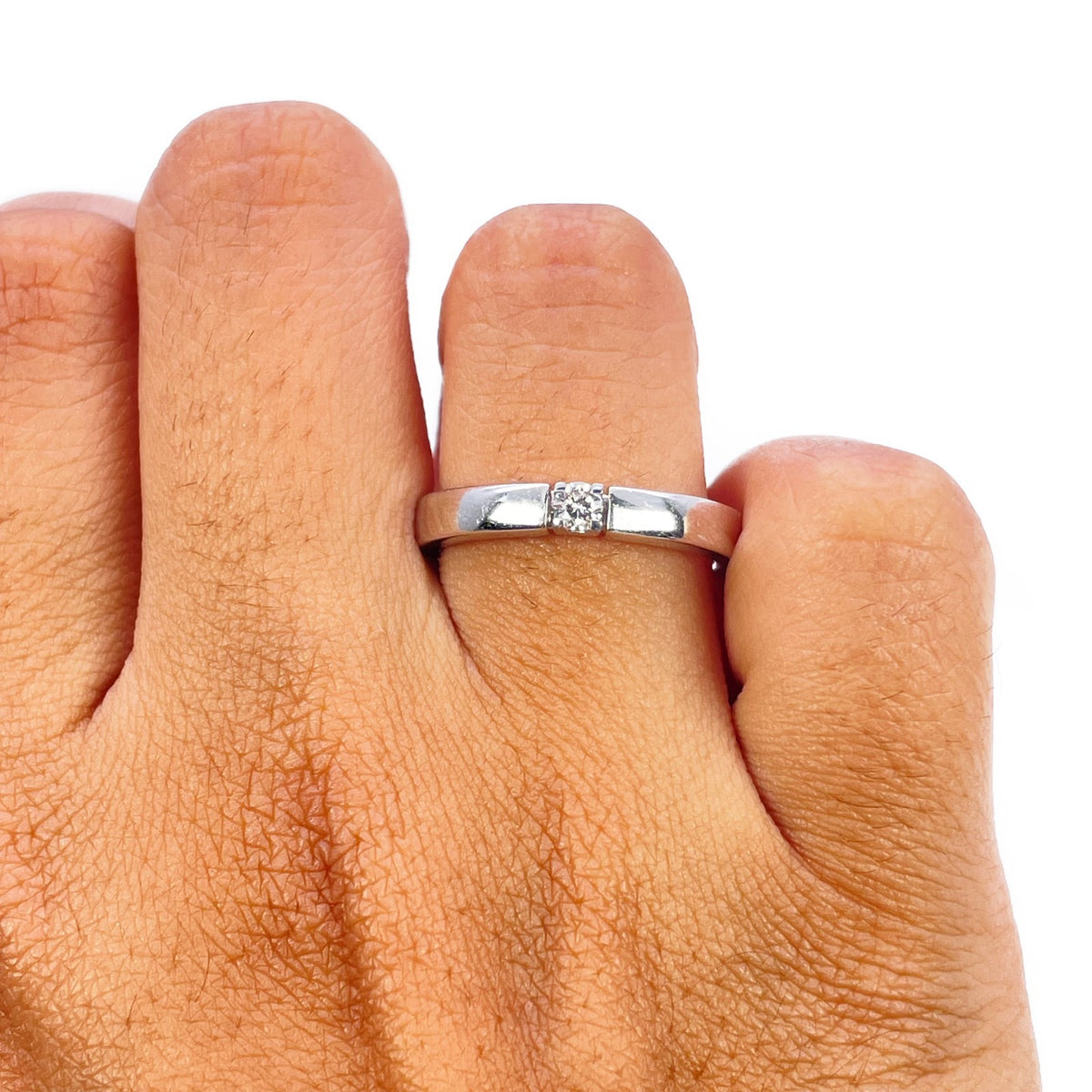 14ct White Gold Tension Style Diamond Solitaire Ring Modern Wedding Band 0.12ct