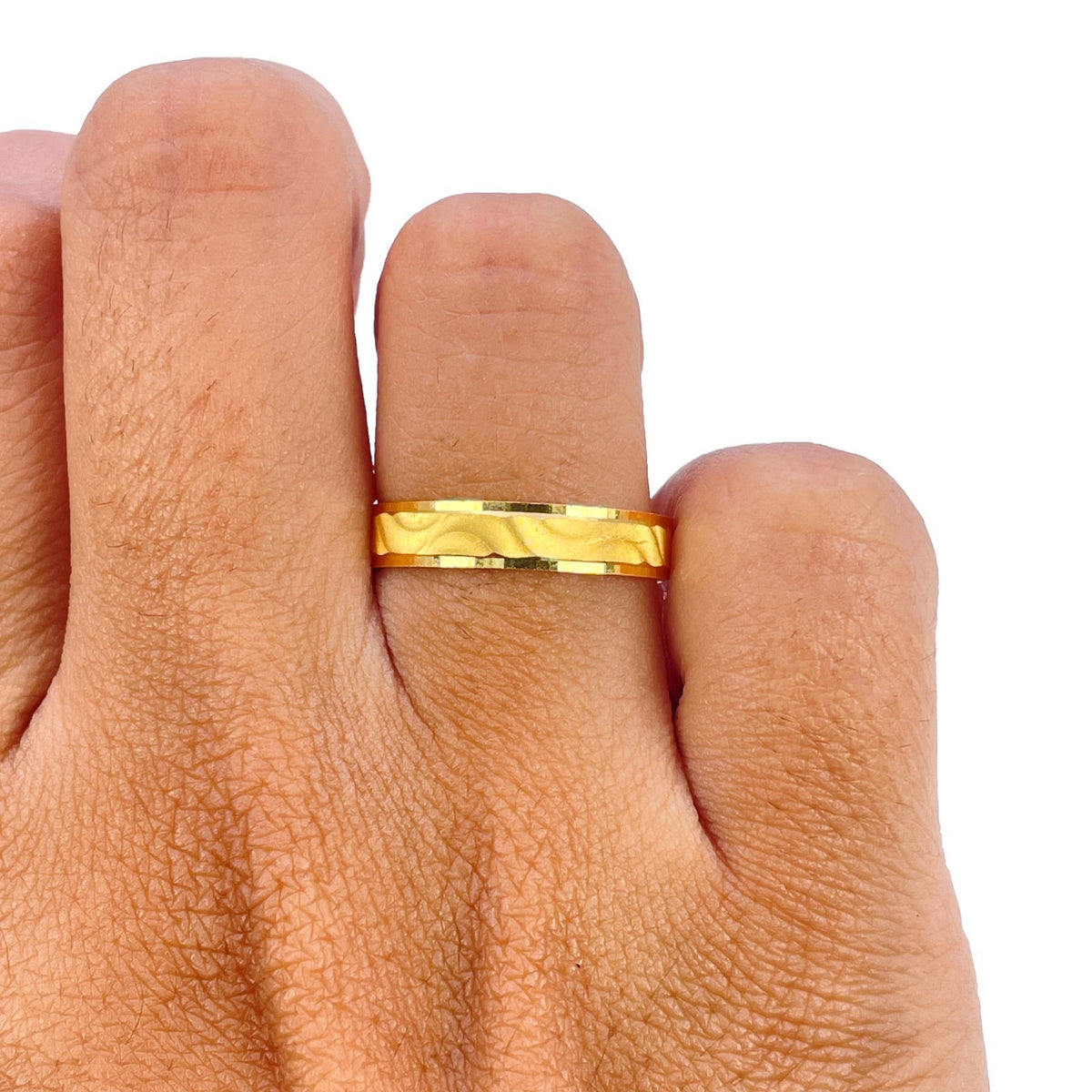 22ct Yellow Gold Textured Diamond Cut Wave Pattern Stackable Band Ring