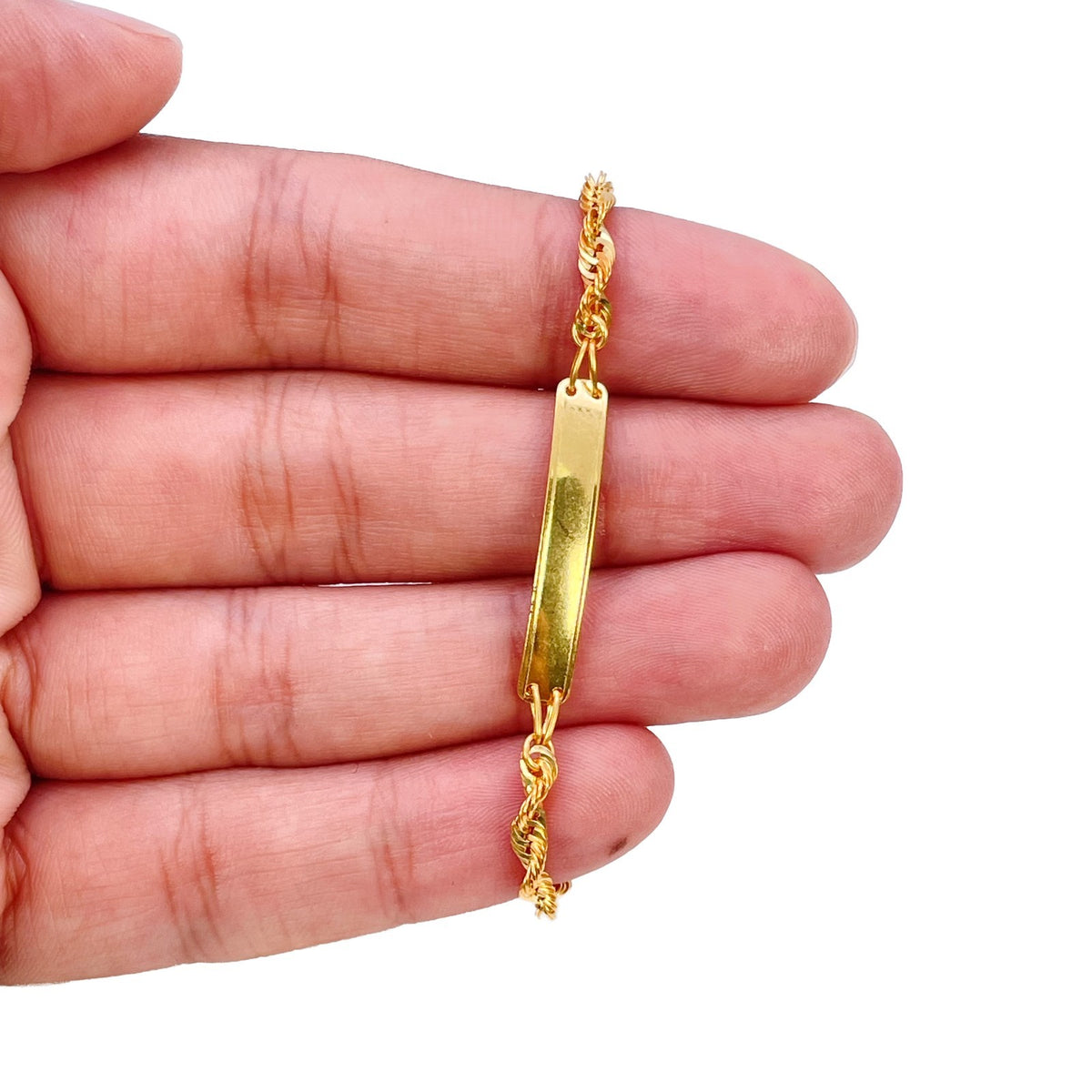 22ct Gold Polished ID Bar Bracelet Diamond Cut Rope Link Engravable