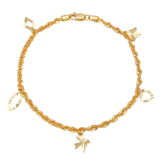 22ct Yellow Gold Lightweight Rope Chain Bracelet with Diamond Cut Open Charms