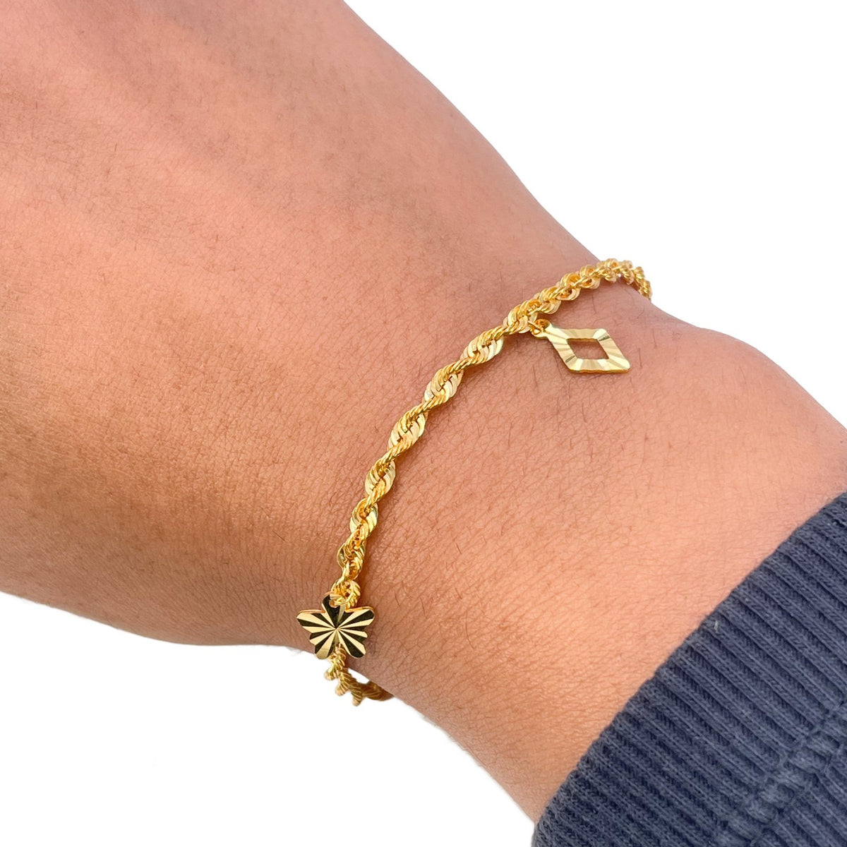 22ct Yellow Gold Rope Chain Bracelet with Diamond Cut Open Charms