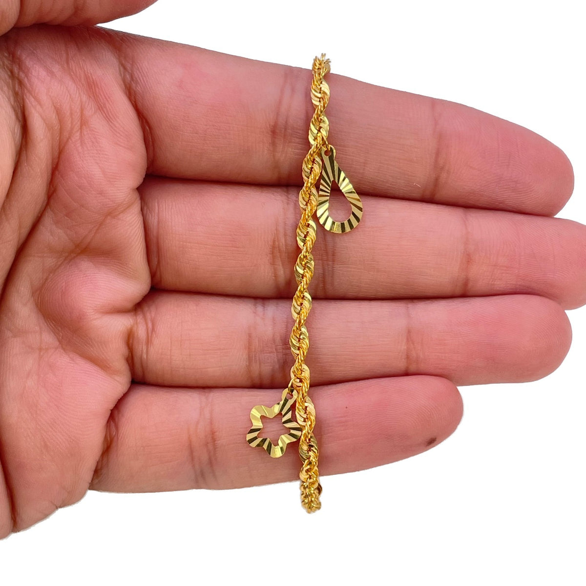 22ct Yellow Gold Rope Chain Bracelet Diamond Cut Shape Charms