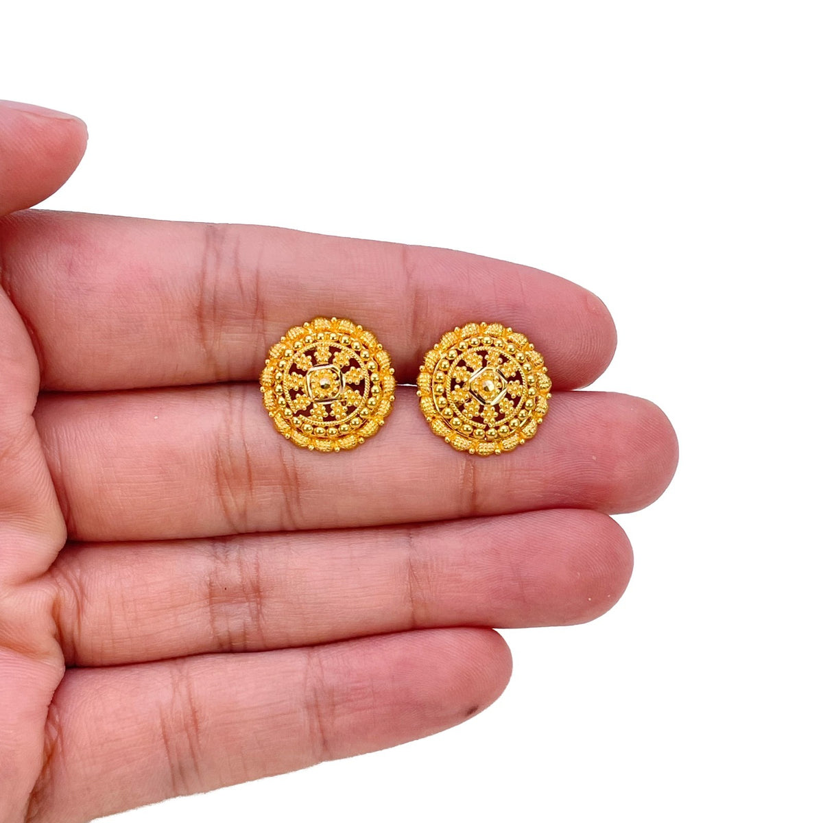 22ct Yellow Gold Rawa Work Mandala Stud Earrings Filigree Design