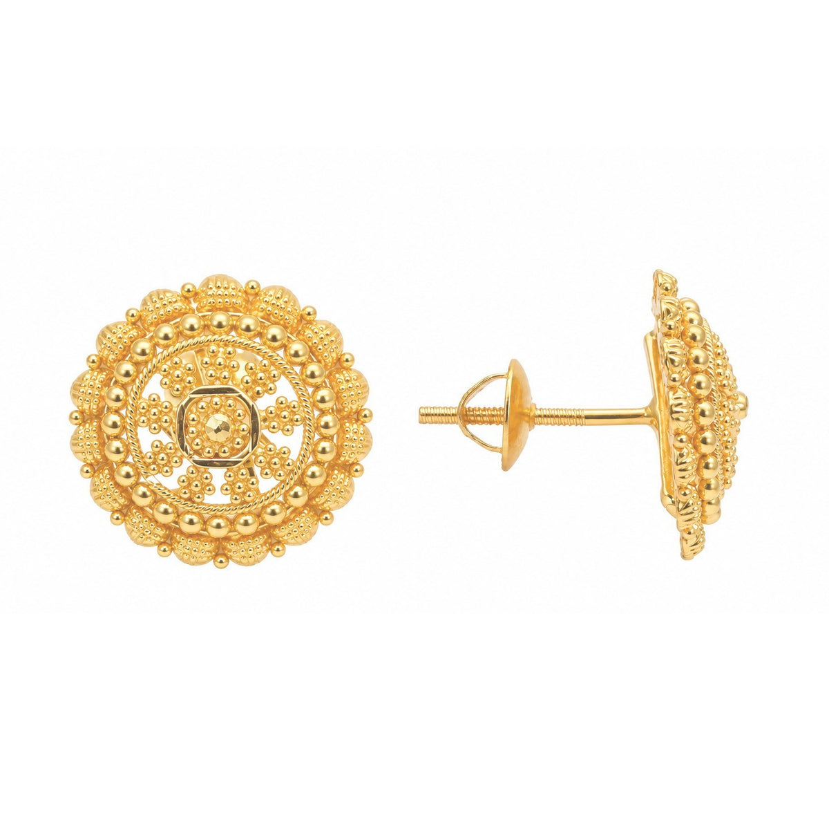 22ct Yellow Gold Rawa Work Mandala Stud Earrings Filigree Design
