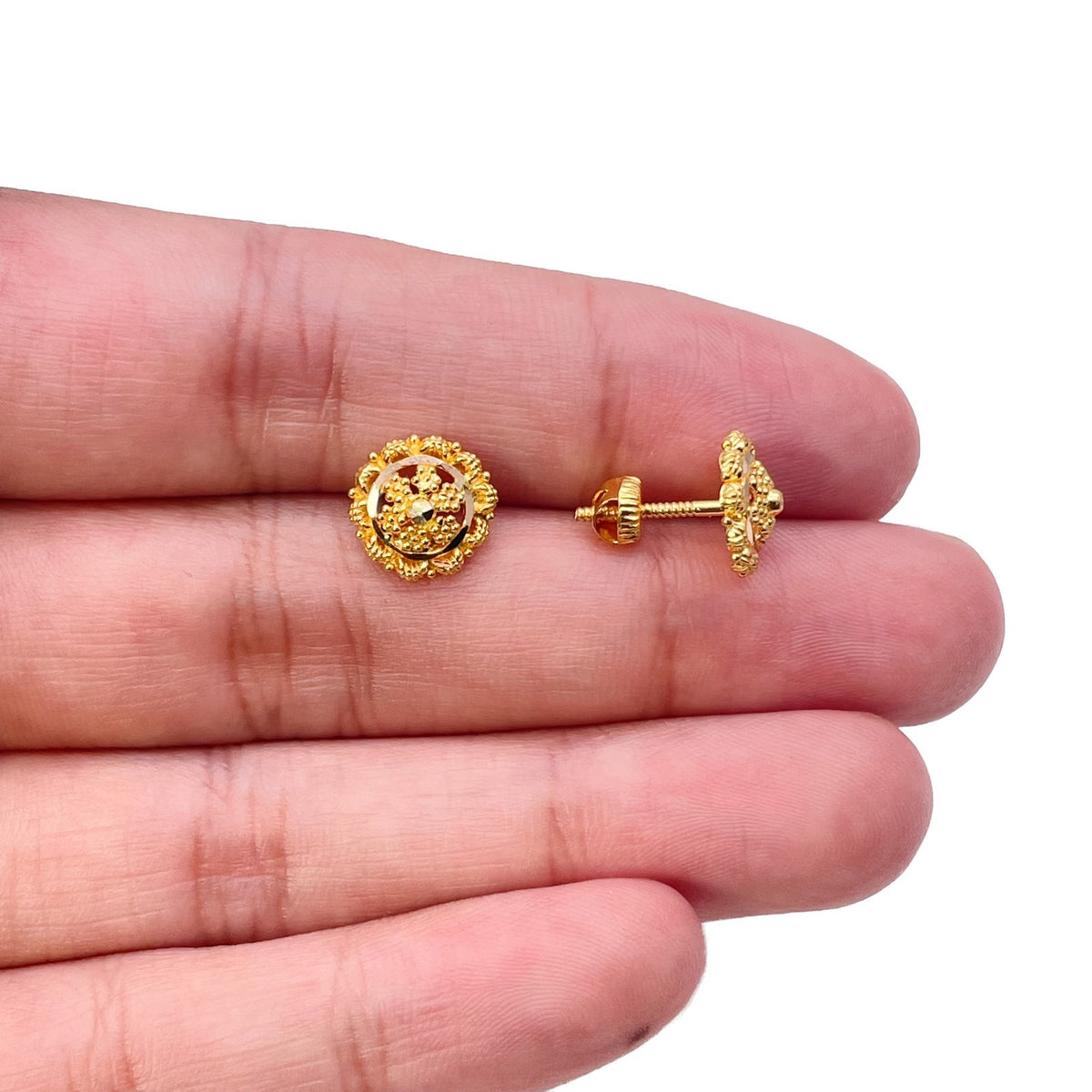 22ct Yellow Gold Filigree Floral Mandala Stud Earrings Rawa Work 9.2mm