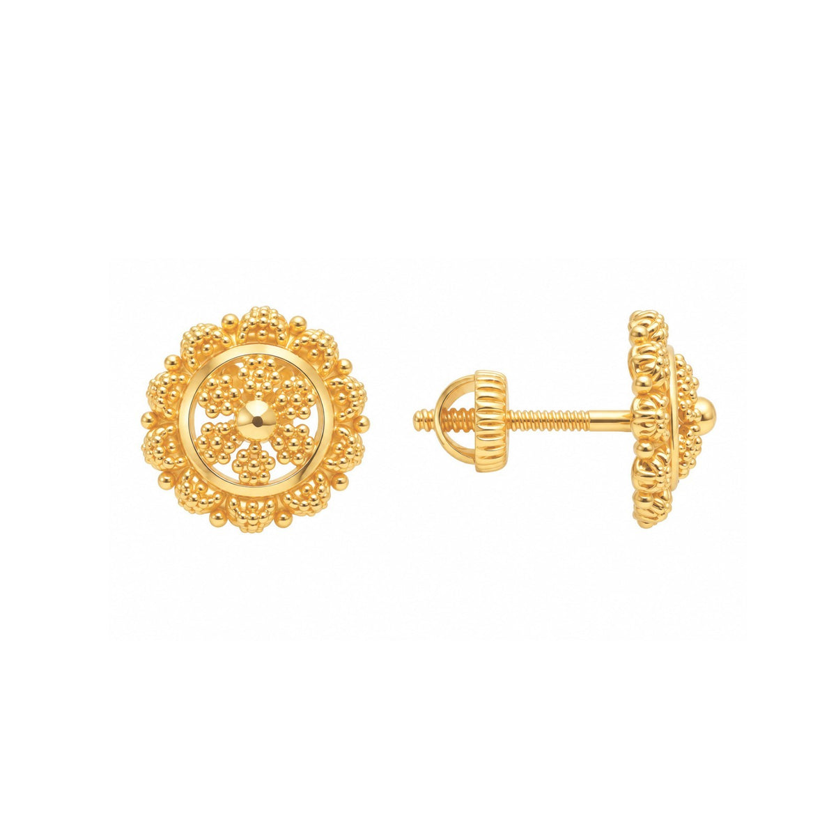 22ct Yellow Gold Filigree Floral Mandala Stud Earrings Rawa Work 9.2mm