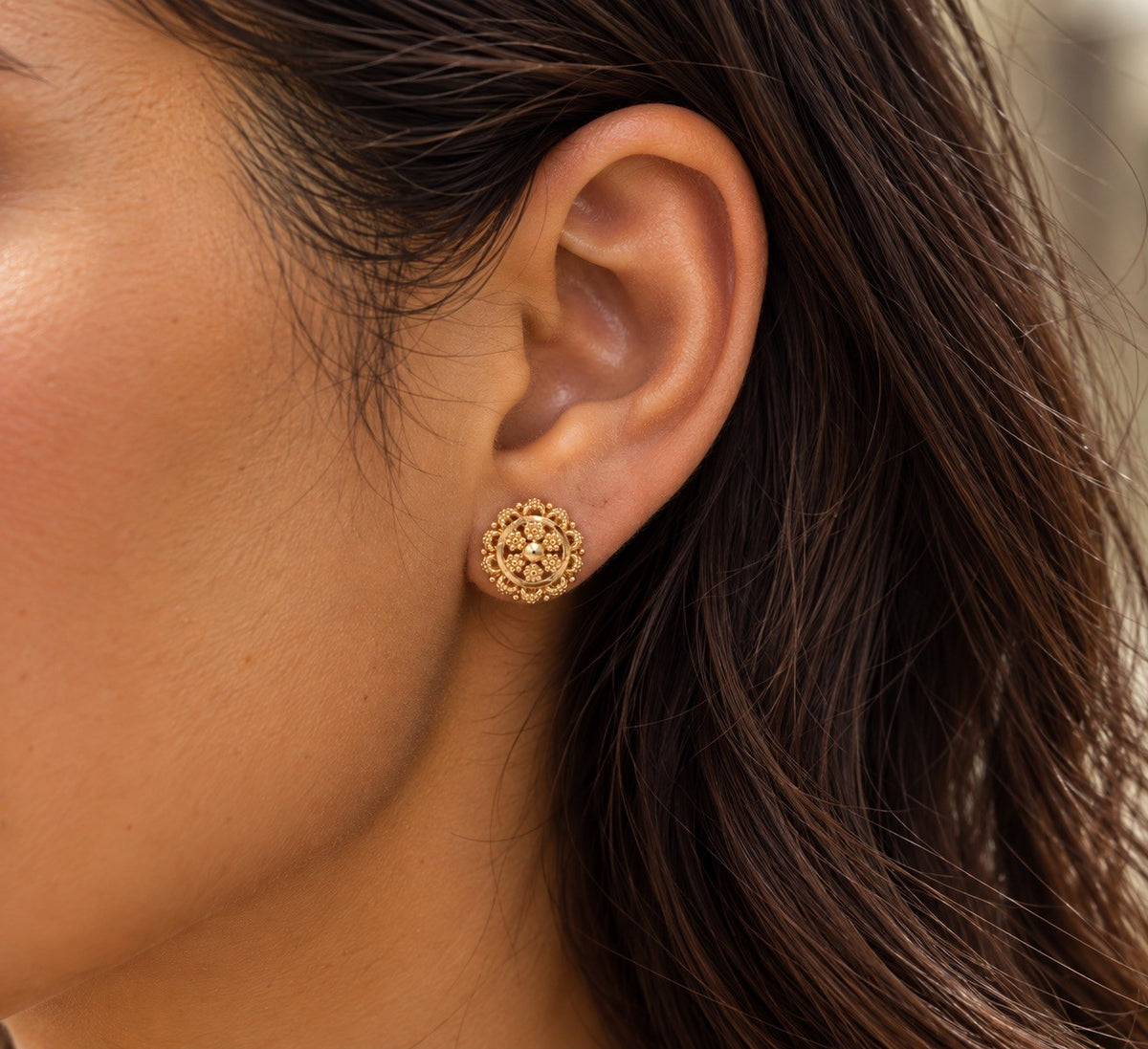 22ct Yellow Gold Filigree Floral Mandala Stud Earrings Rawa Work 9.2mm