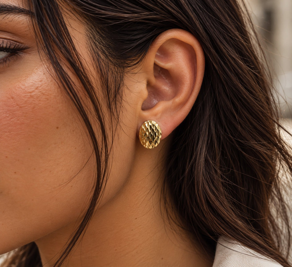 22ct Yellow Gold Diamond Cut Oval Stud Earrings Textured Dome