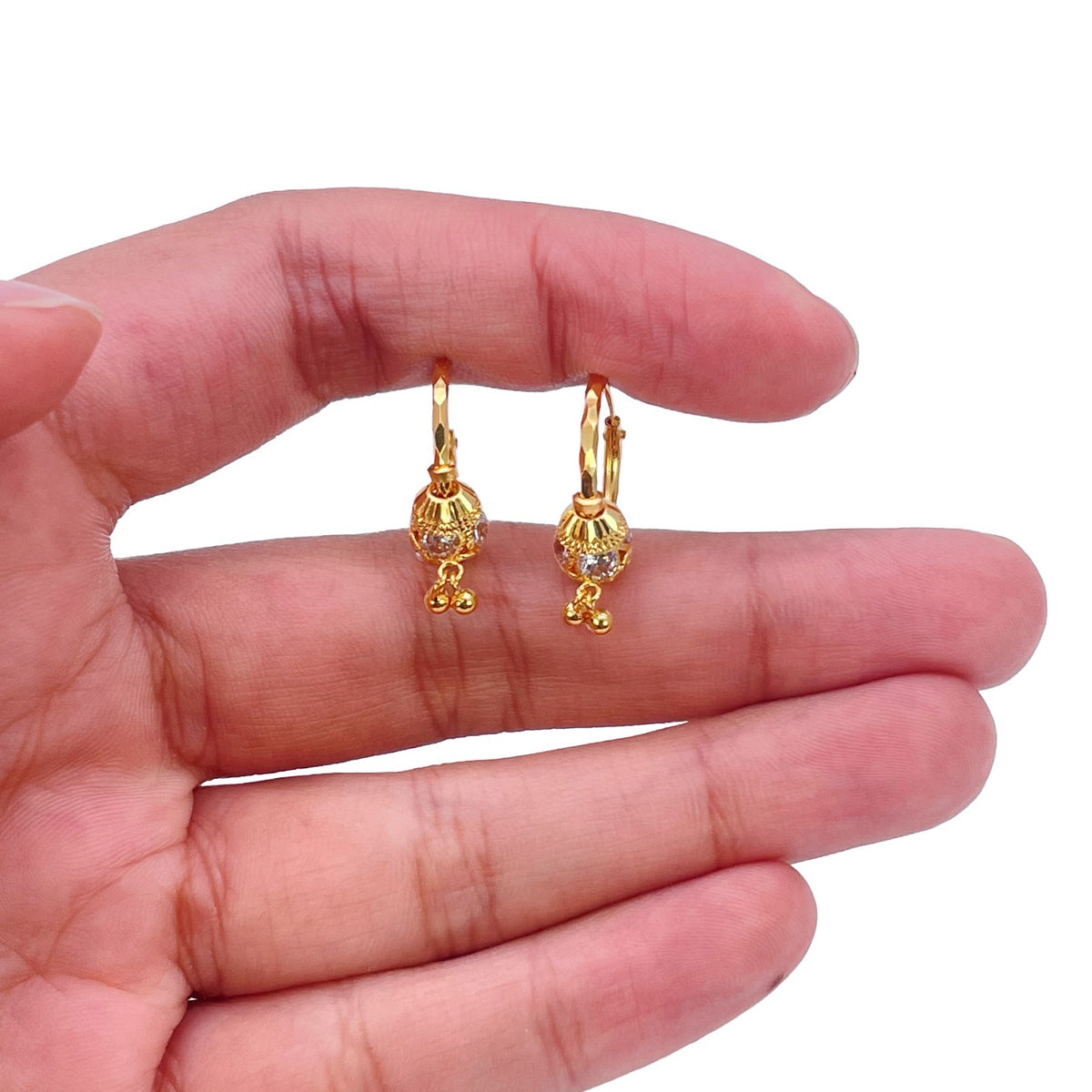 22ct Yellow Gold Cubic Zirconia Hoop Earrings Diamond Cut Double Drop