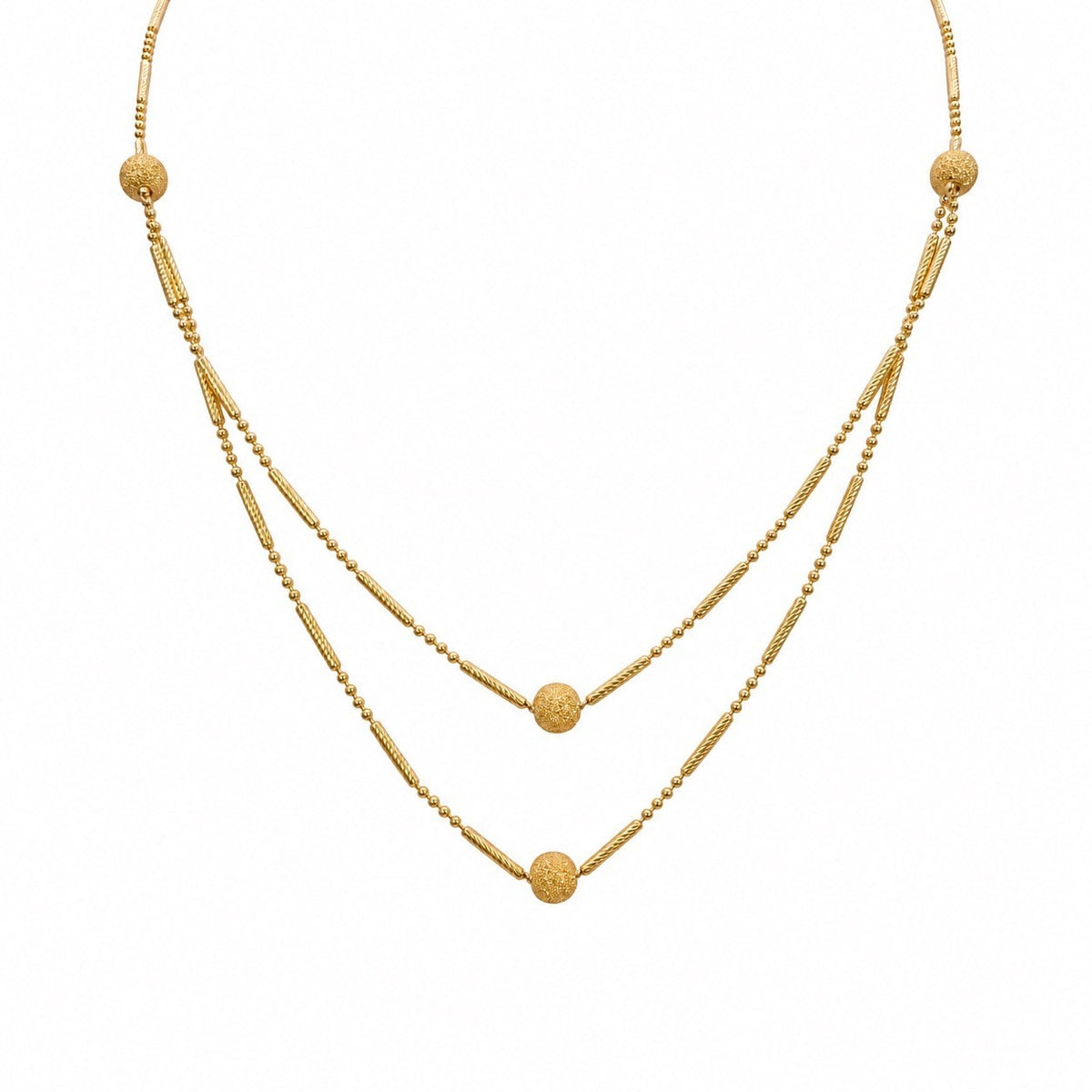 22ct Yellow Gold Double Row Layered Necklace Diamond Cut Textured Bead Design
