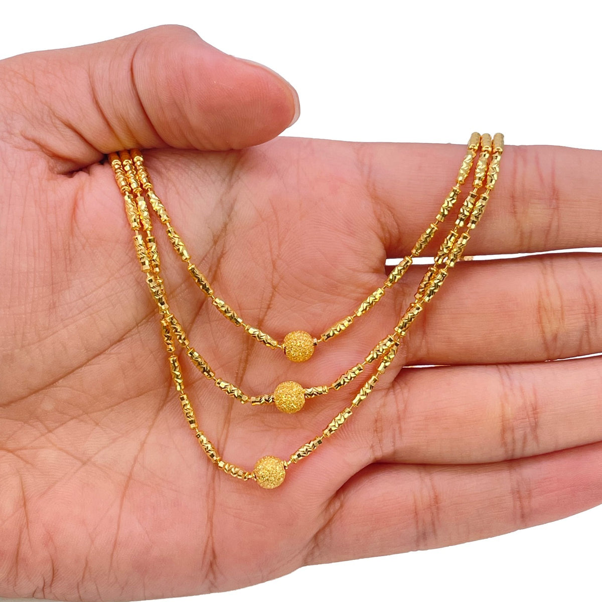 22ct Yellow Gold Triple Row Layered Necklace Diamond Cut Textured Bead Design