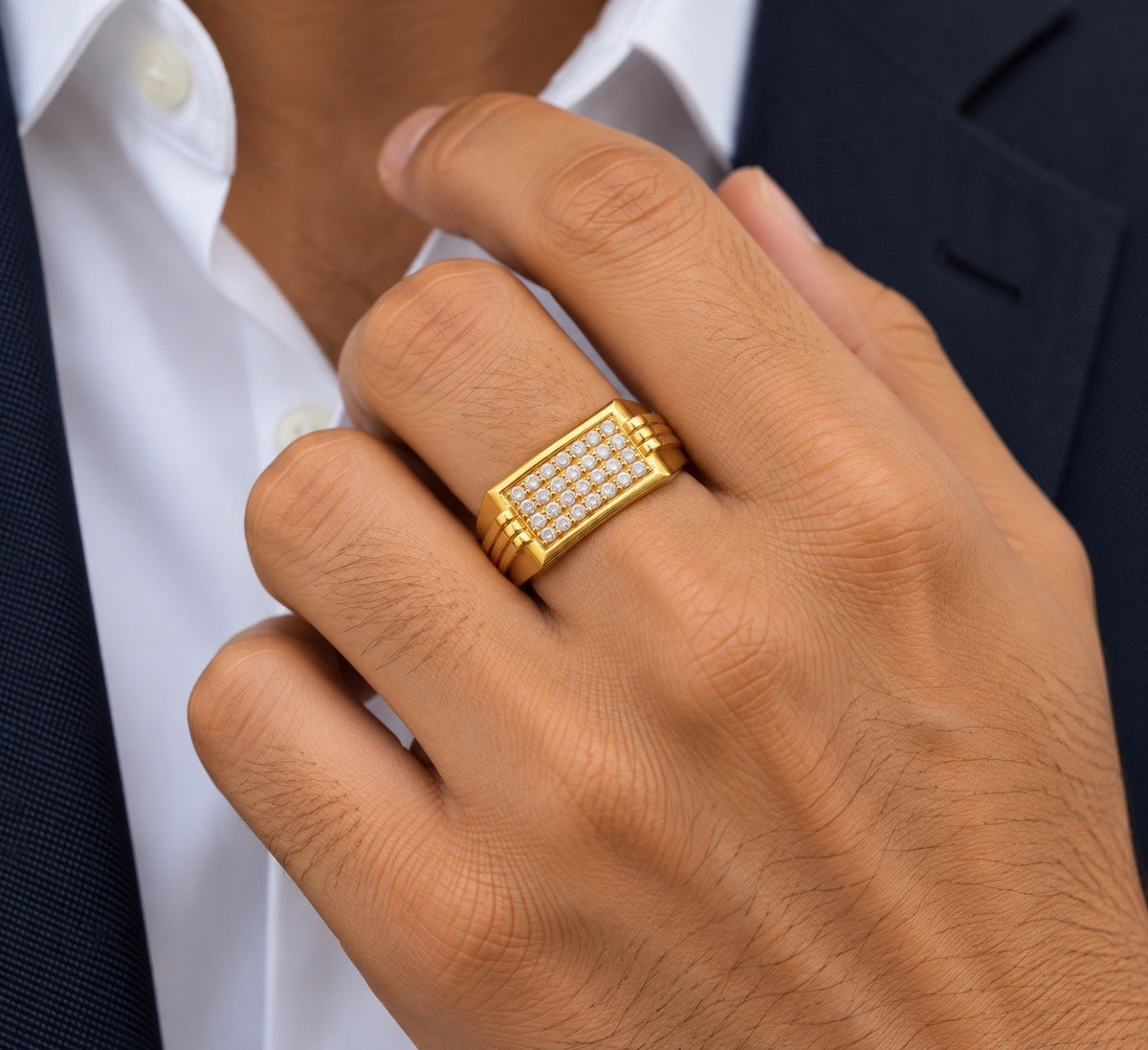 22ct Yellow Gold Cubic Zirconia Signet Ring Cluster Set Triple Groove Shoulders