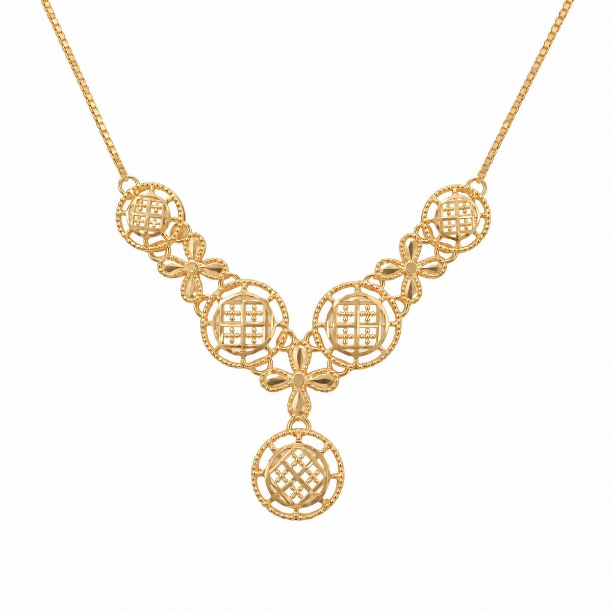 22ct Yellow Gold Medallion Necklace & Earring Set Lattice Flower