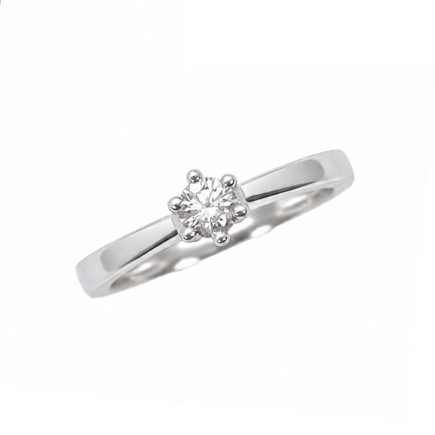 14ct white gold diamond solitaire ring with 2.6mm flat band, side view