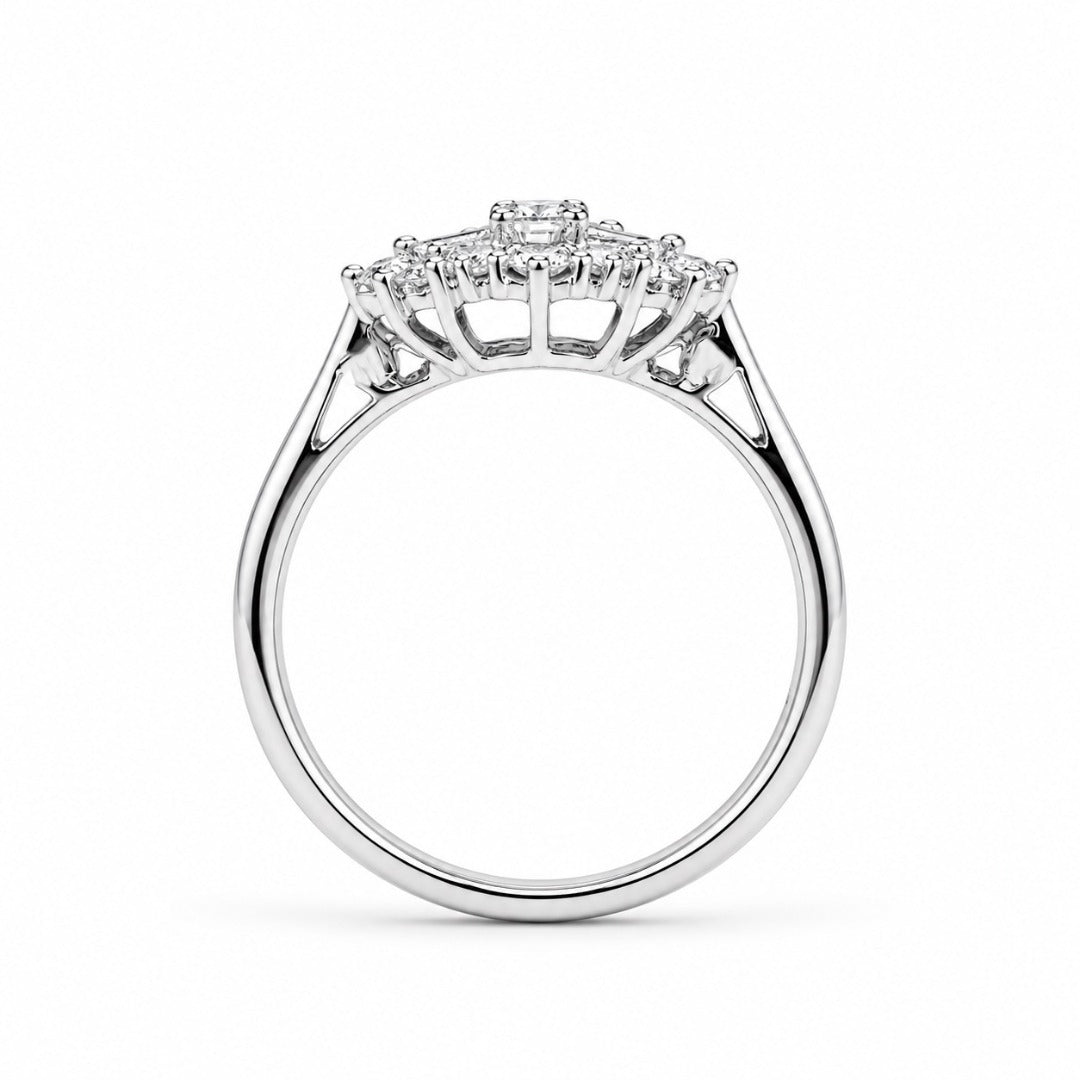 18ct White Gold Natural Diamond Baguette Round Starburst Cluster Ring 0.45ct