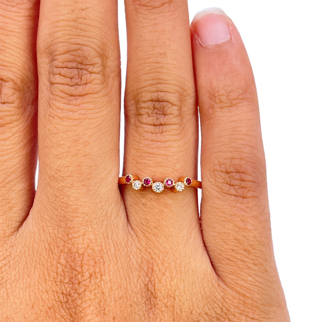18ct Rose Gold Bubble Ring with Natural Rubies & Diamonds 0.14ct
