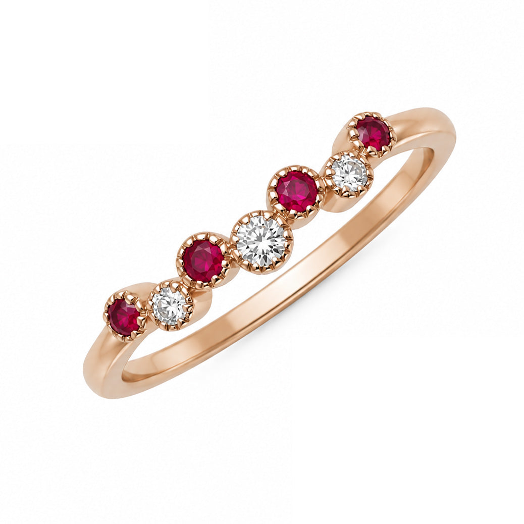 18ct Rose Gold Bubble Ring with Natural Rubies & Diamonds 0.14ct