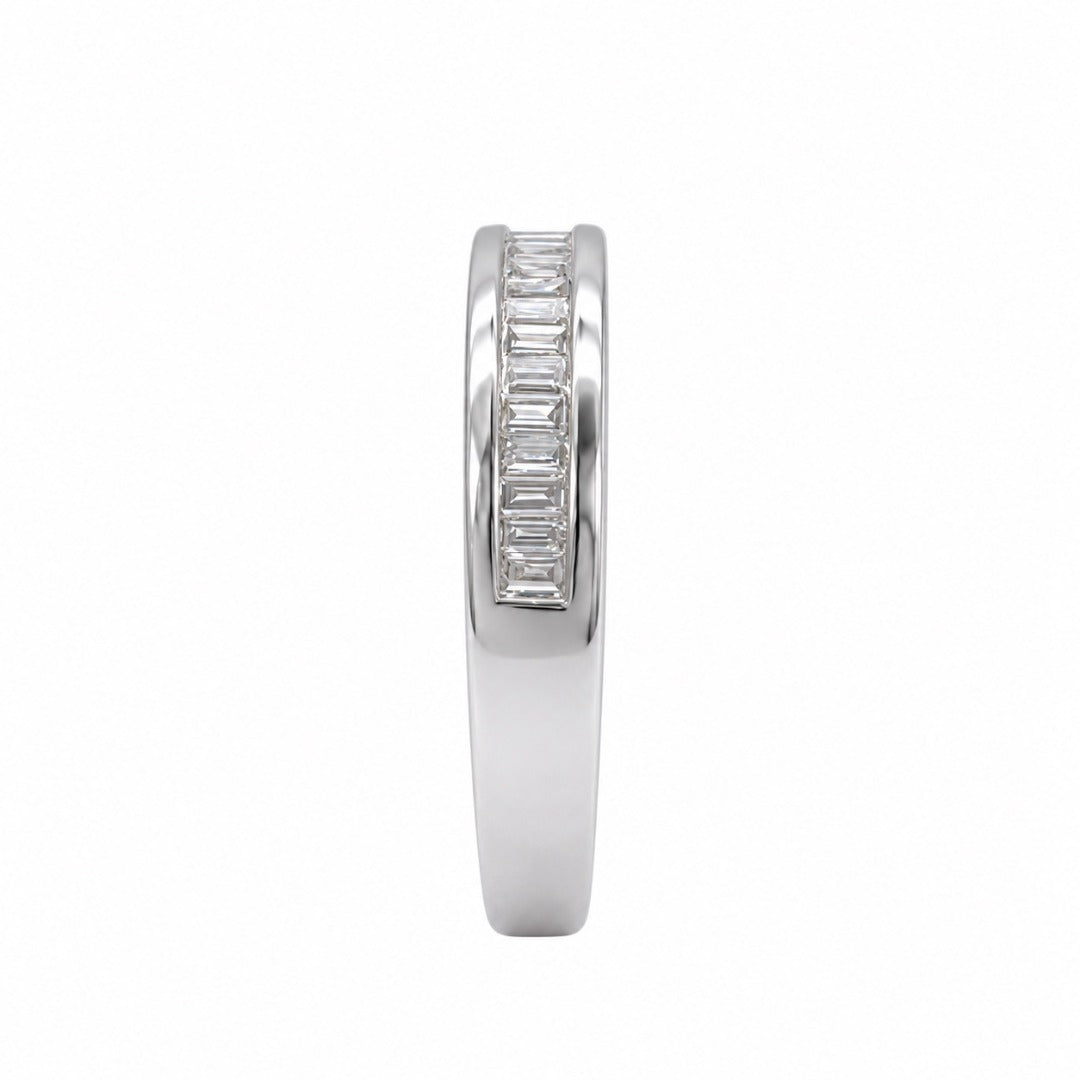Close-up of baguette diamonds in 18ct white gold channel set half eternity ring