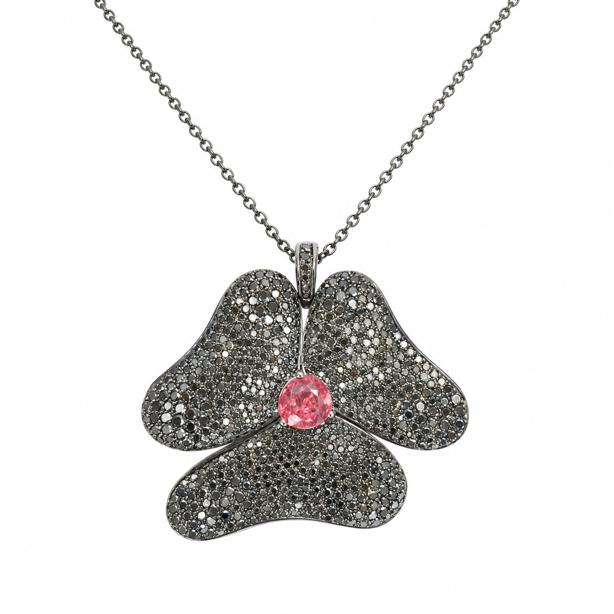 Gavello hanger met zwarte diamant en toermalijn, 18kt witgoud aan zilveren ketting