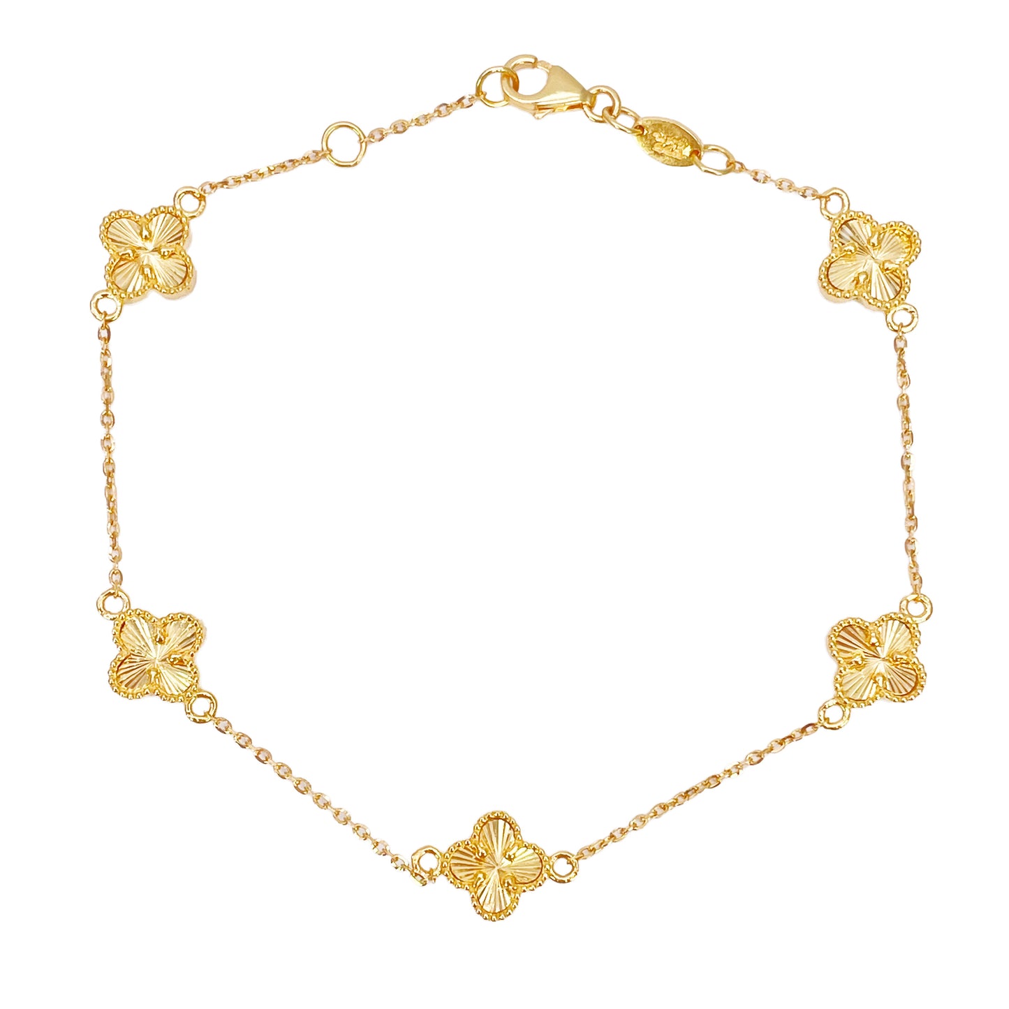 22-karaats geelgouden armband met 5 bloemige klavers, diamantgeslepen, 7,5 inch