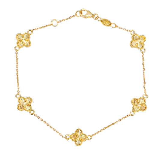22-karaats geelgouden armband met 5 bloemige klavers, diamantgeslepen, 7,5 inch