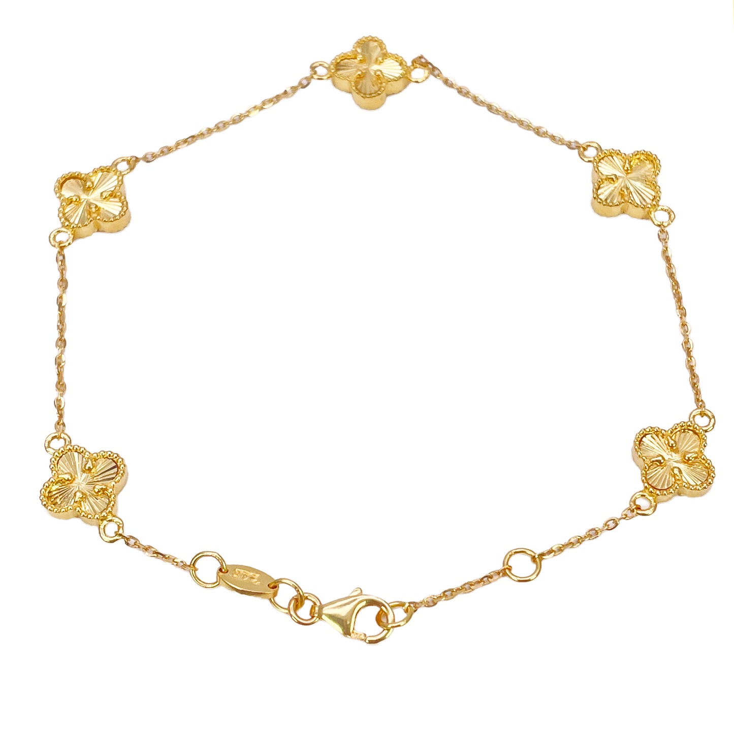 22-karaats geelgouden armband met 5 bloemige klavers, diamantgeslepen, 7,5 inch