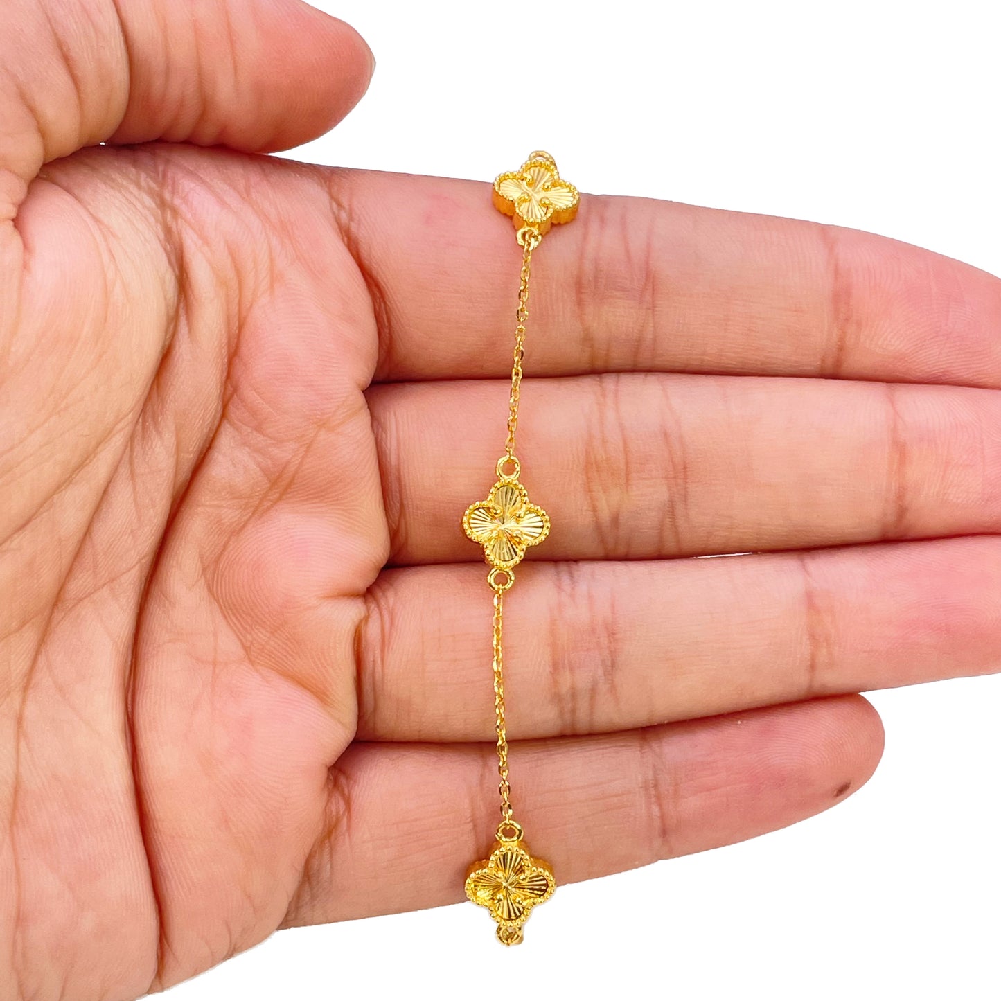 22-karaats geelgouden armband met 5 bloemige klavers, diamantgeslepen, 7,5 inch