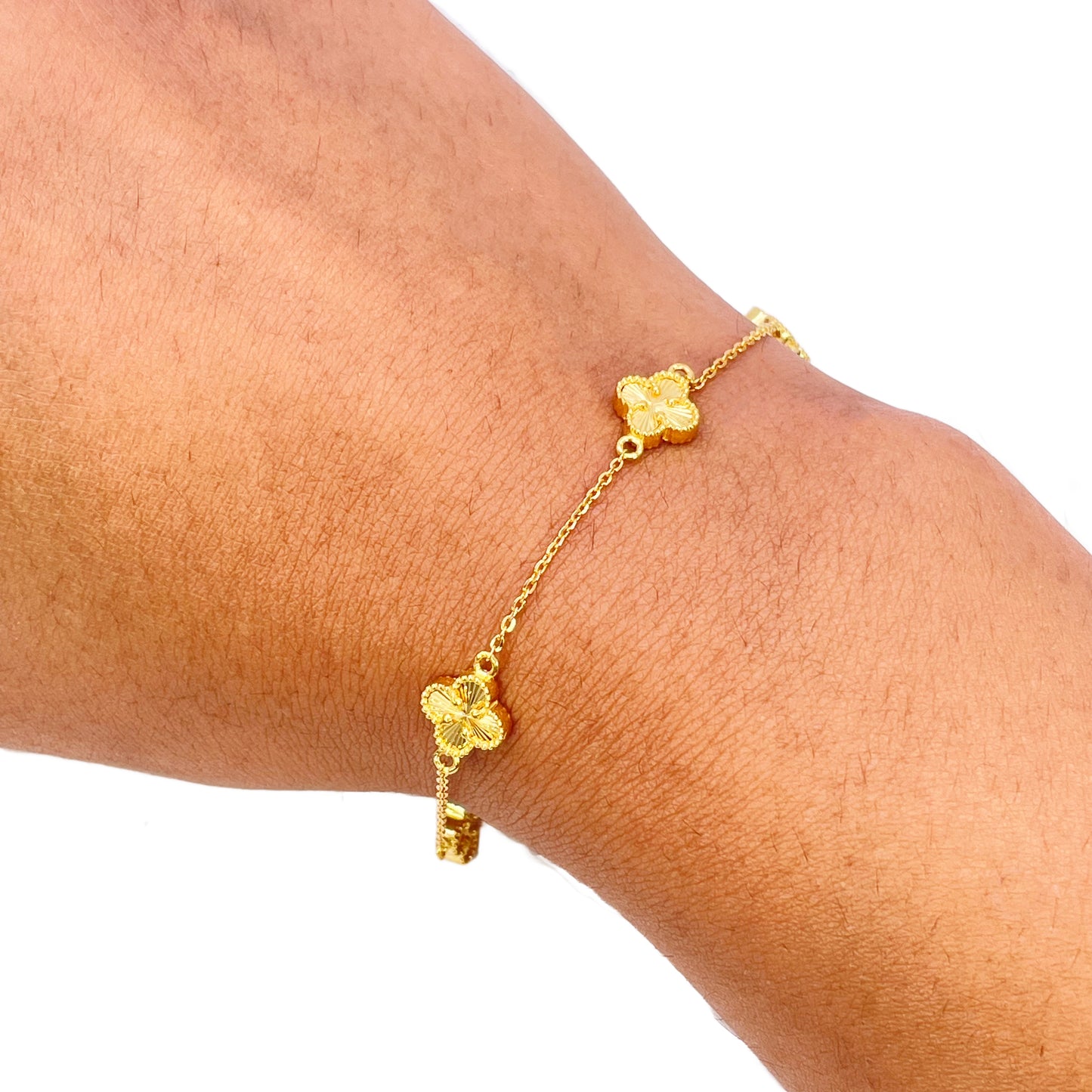 22-karaats geelgouden armband met 5 bloemige klavers, diamantgeslepen, 7,5 inch