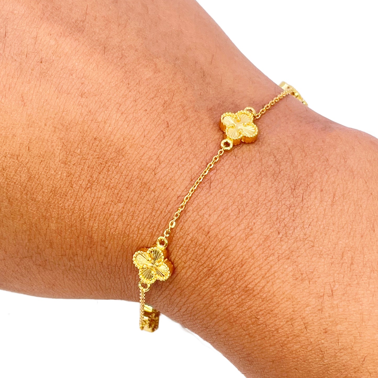 22-karaats geelgouden armband met 5 bloemige klavers, diamantgeslepen, 7,5 inch