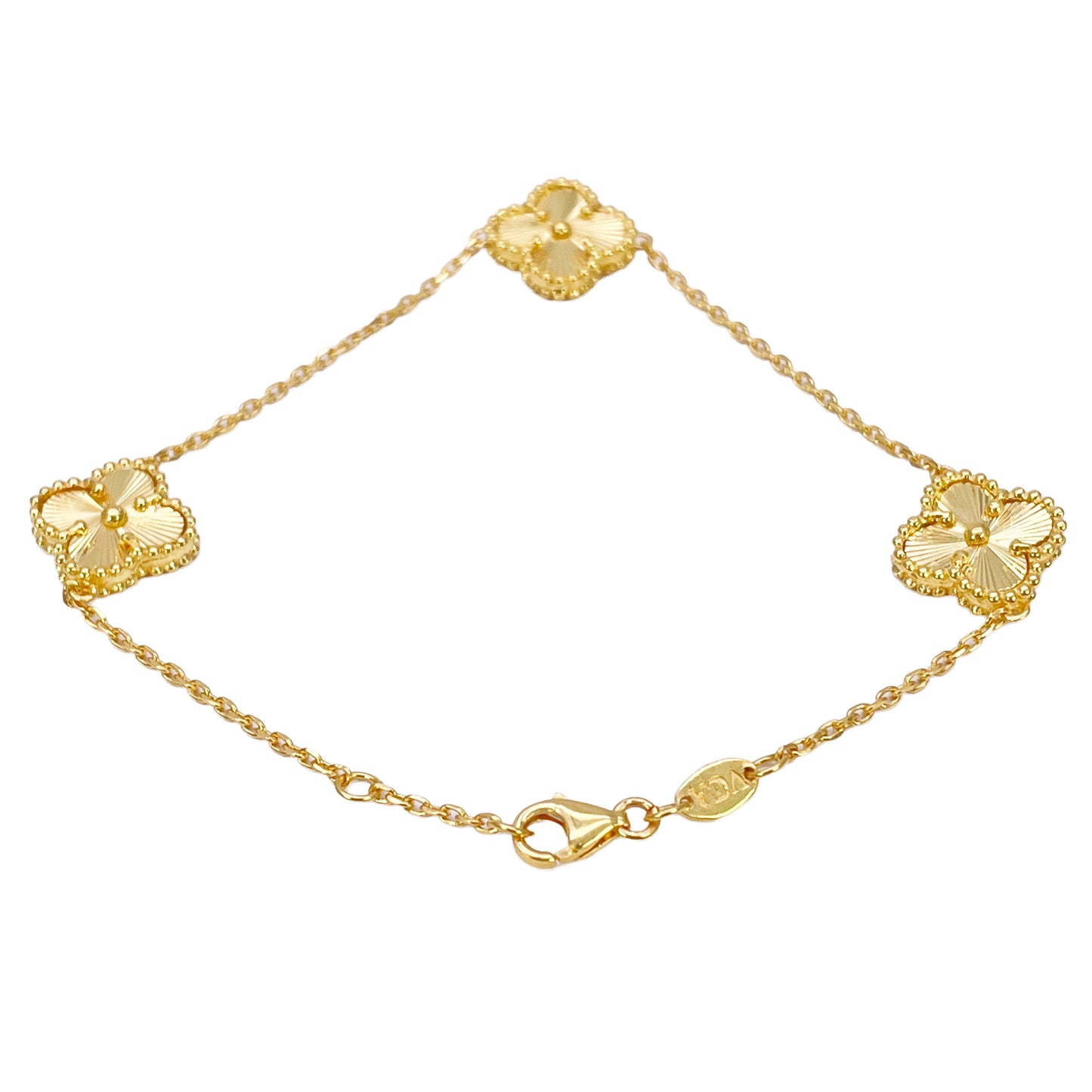 22-karaats geelgouden armband met 5 bloemige klavers, diamantgeslepen, 7,5 inch