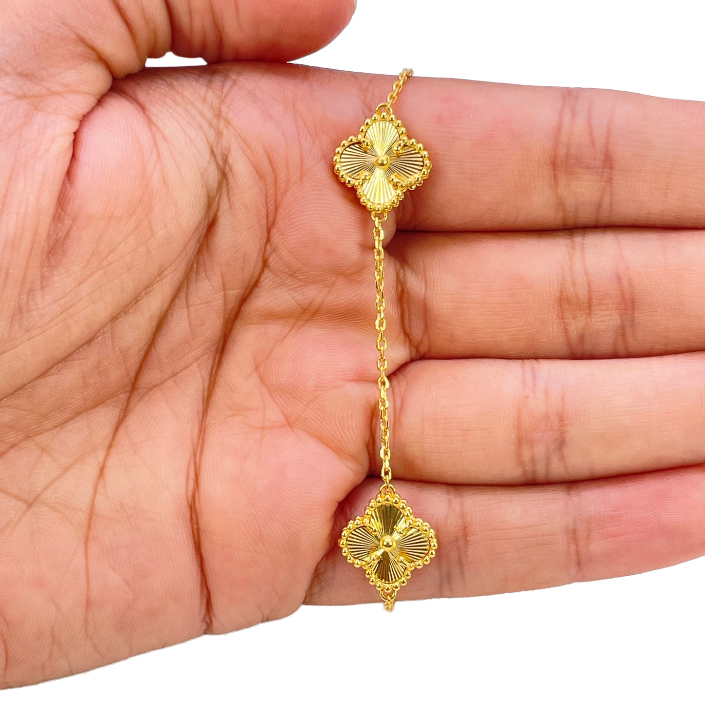 22-karaats geelgouden armband met 5 bloemige klavers, diamantgeslepen, 7,5 inch