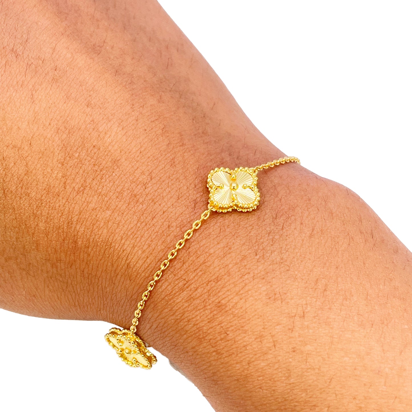 22-karaats geelgouden armband met 5 bloemige klavers, diamantgeslepen, 7,5 inch
