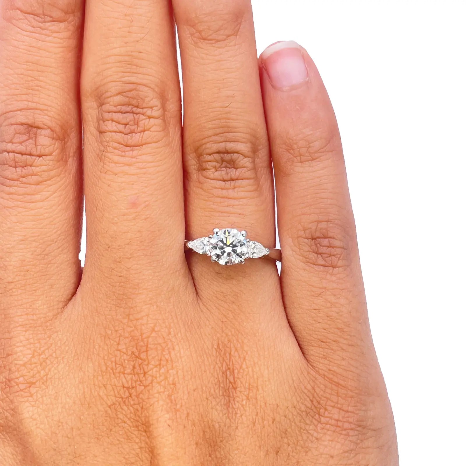 Platinum Round & Pear Natural Diamond Claw Set Trilogy Ring 0.75ct GIA Certified  Diamond Ring
