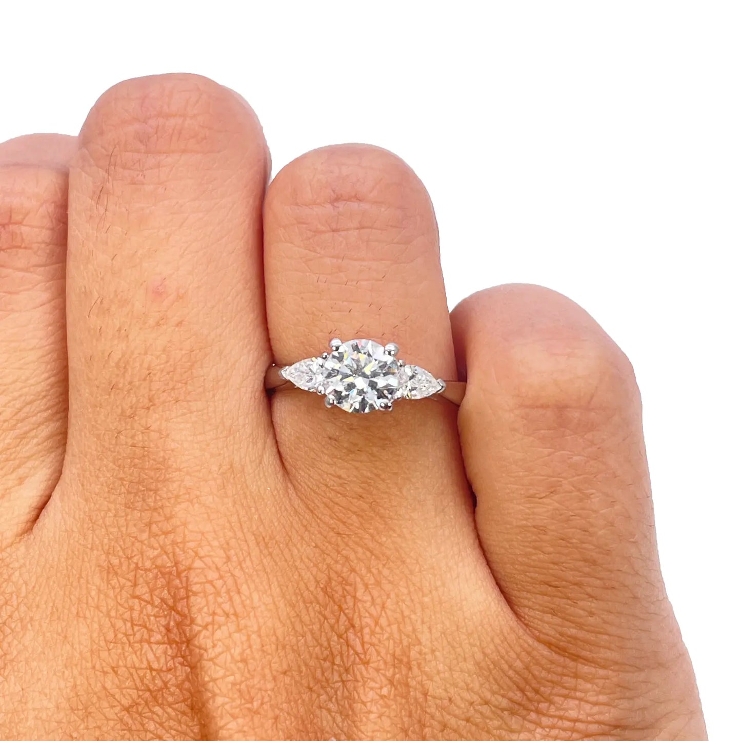 Platinum Round & Pear Natural Diamond Claw Set Trilogy Ring 0.75ct GIA Certified  Diamond Ring