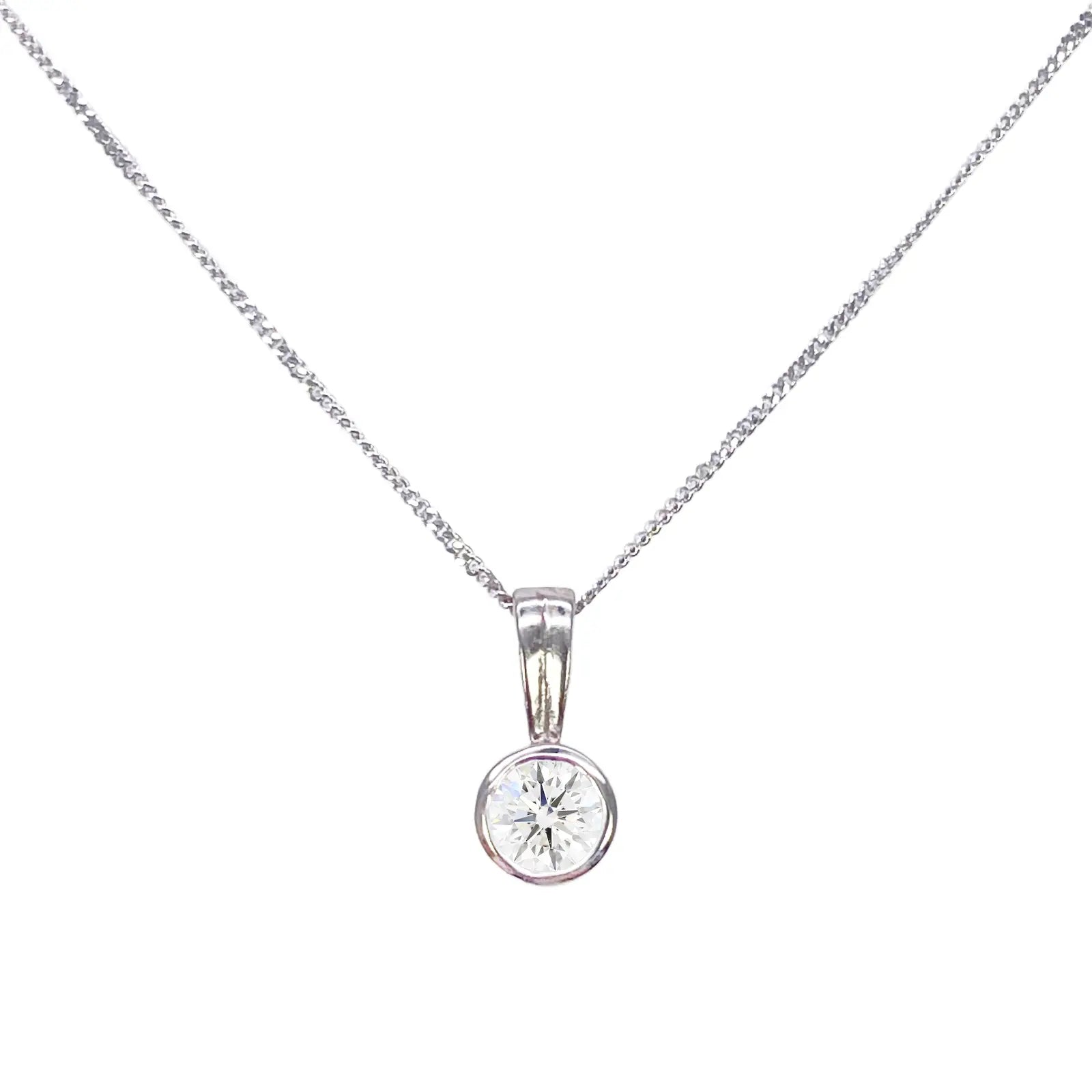 Round Natural Diamond Solitaire Bezel Rubover Set Pendant & Chain 0.50ct GIA Certified 