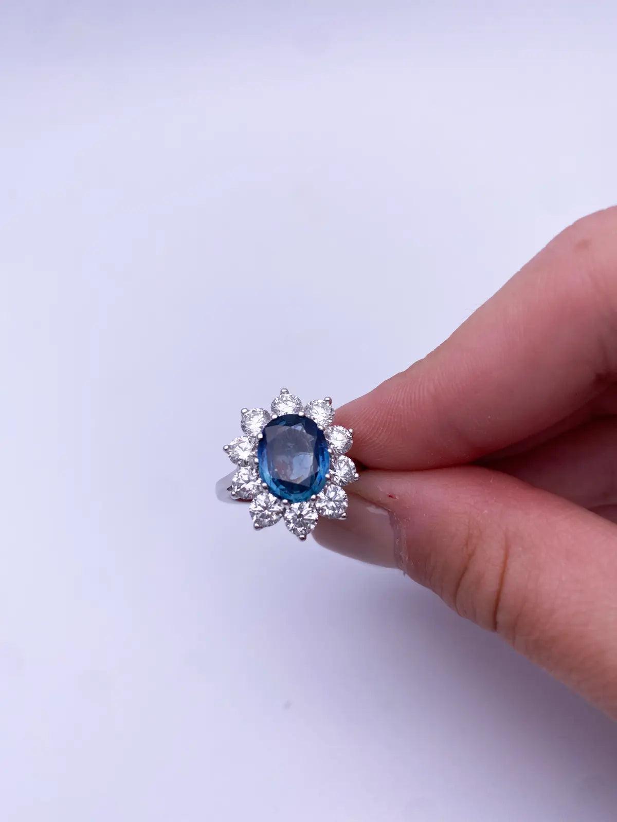 18ct White Gold Natural Blue Sapphire & Diamond Oval Cluster Ring 2.66 carats Raina Jewels