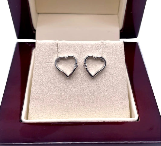 18ct White Gold Round Diamond Heart Stud Earrings 0.04ct 