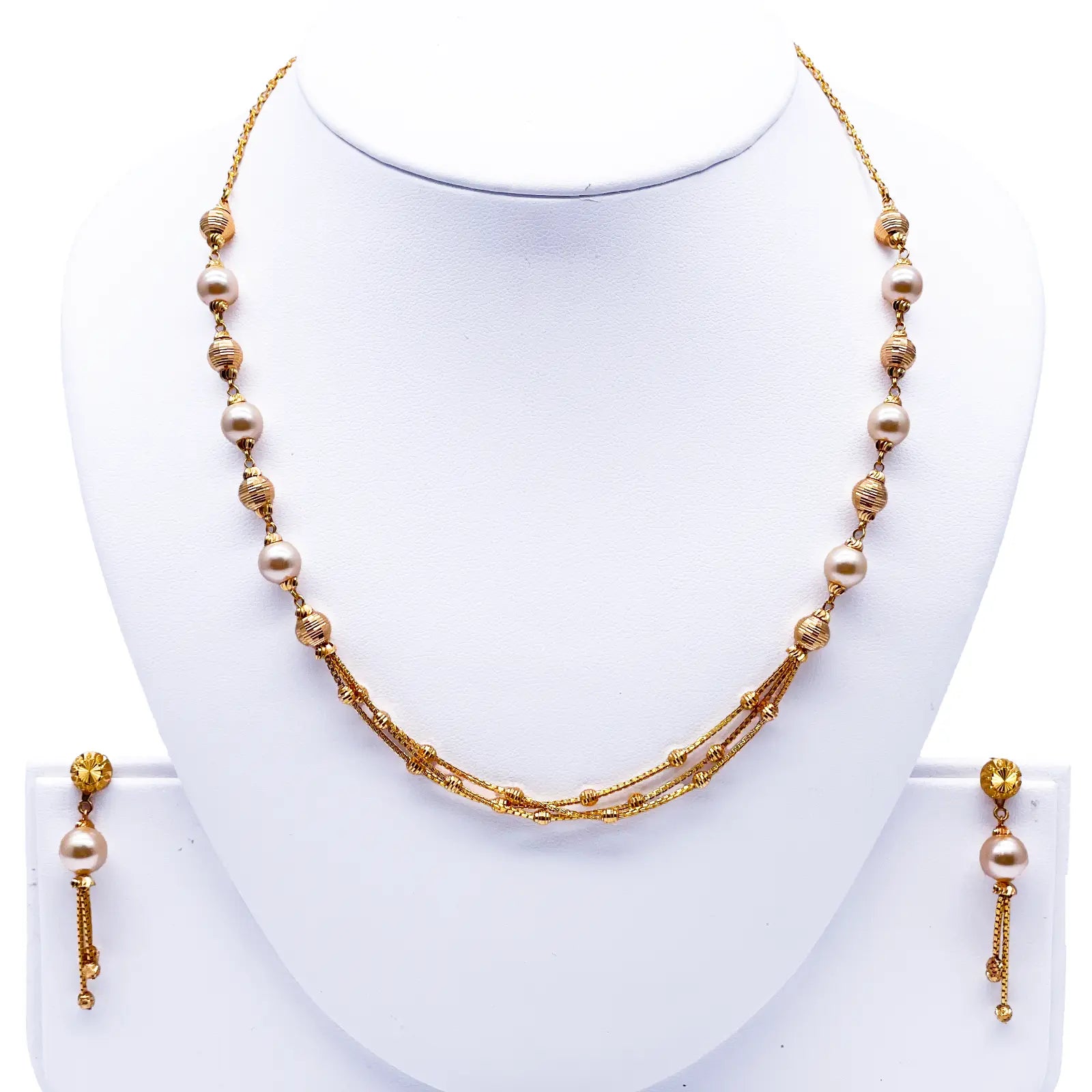 22ct Yellow Gold Pearls & Beaded Diamond Cut Ball Layered Necklace/Earrings Set 