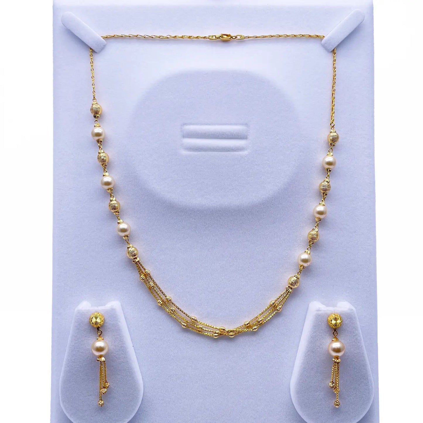 22ct Yellow Gold Pearls & Beaded Diamond Cut Ball Layered Necklace/Earrings Set 
