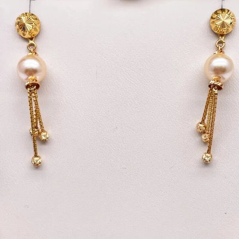 22ct Yellow Gold Pearls & Beaded Diamond Cut Ball Layered Necklace/Earrings Set 