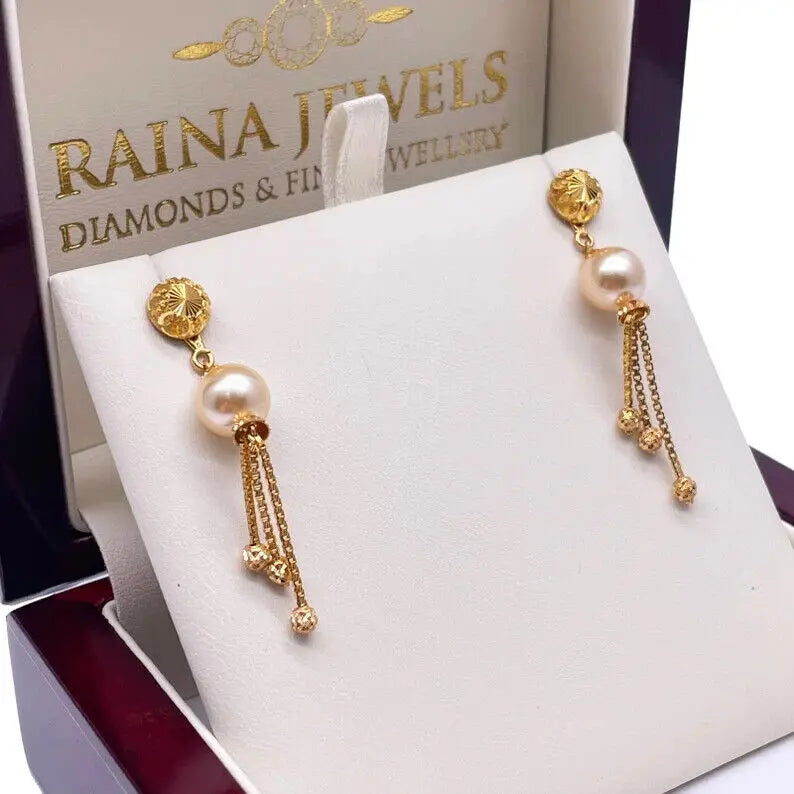 22ct Yellow Gold Pearls & Beaded Diamond Cut Ball Layered Necklace/Earrings Set 