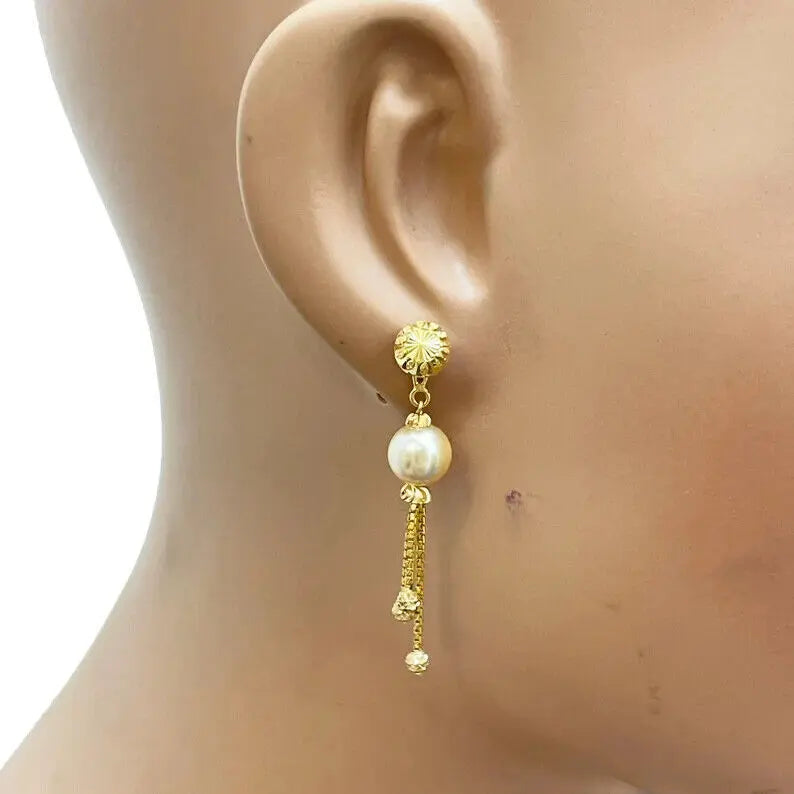 22ct Yellow Gold Pearls & Beaded Diamond Cut Ball Layered Necklace/Earrings Set 