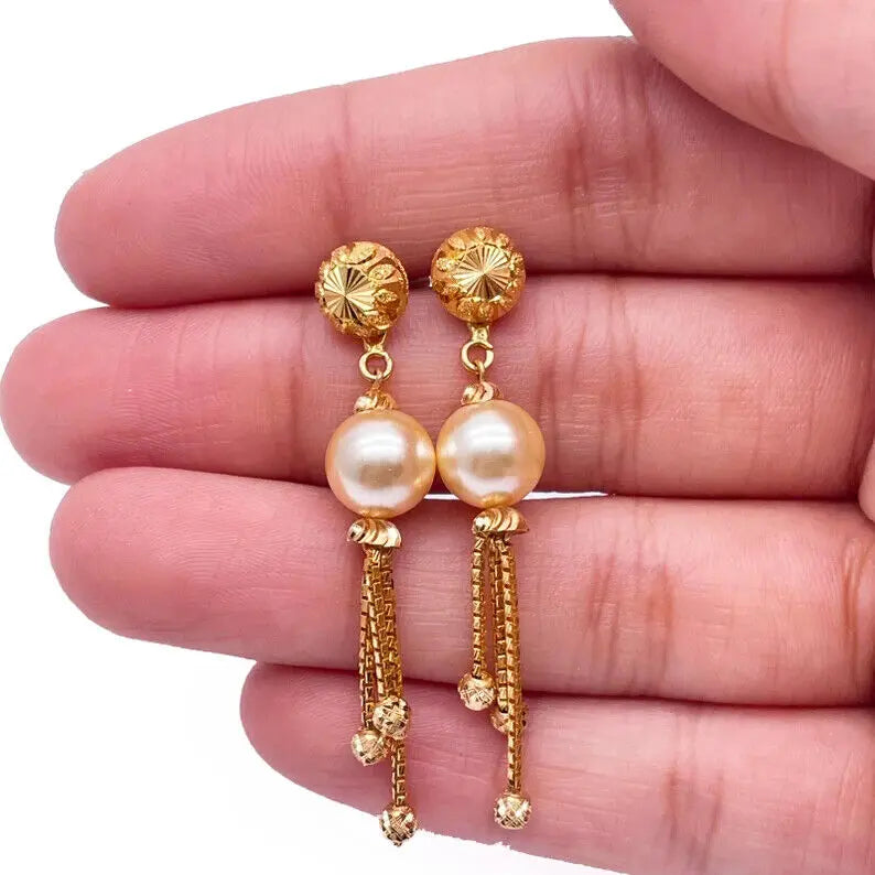 22ct Yellow Gold Pearls & Beaded Diamond Cut Ball Layered Necklace/Earrings Set 